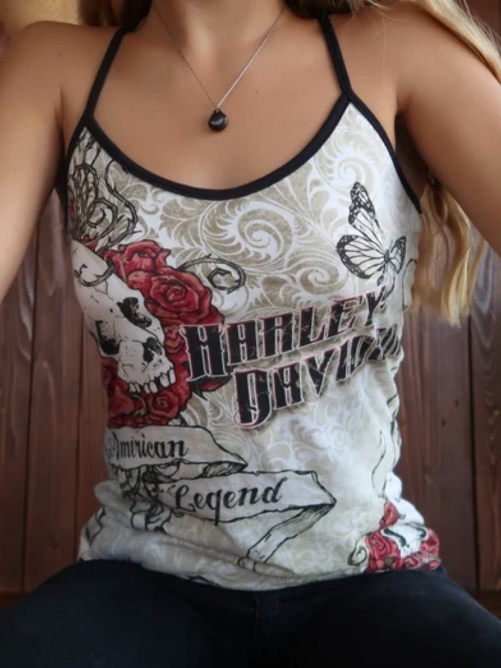 Harley-Davidson Women's White & Black Graphic racerback skull y2k Tank Top